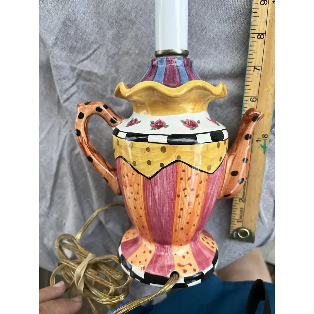 Whimsical Teapot Table Lamp Hand Painted Floral Rose 23